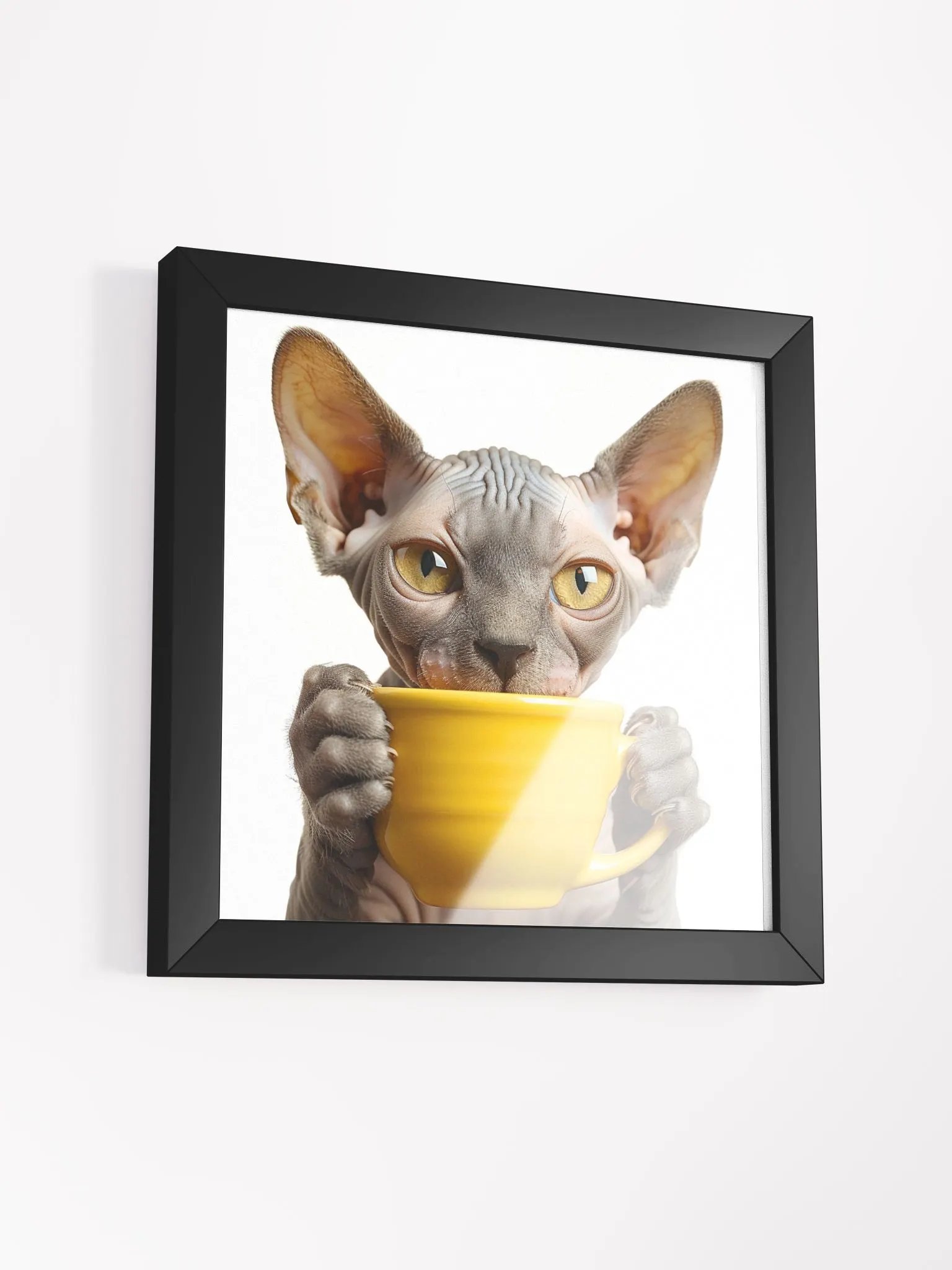 Coffee Lover Cute Grey Hairless Sphynx Kitten Framed Wall Art product image (2)