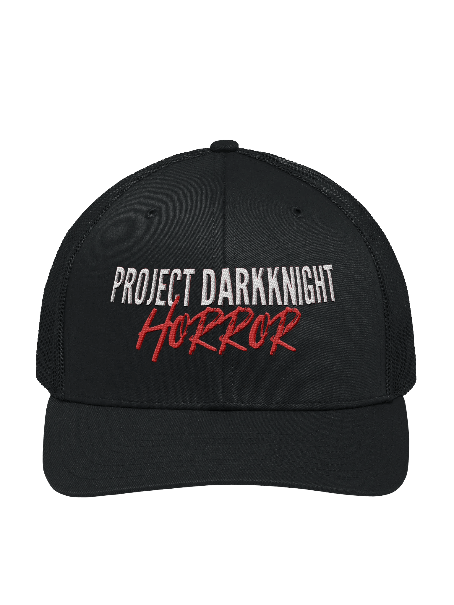 PDKH Embroidered Trucker Hat (unisex snapback, white & red letters) product image (1)