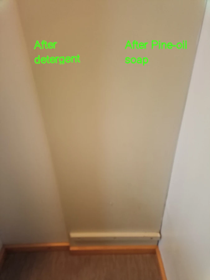 A picture that demonstrates the efect of chemical detergent and Pine-oil soap on a dirty wall. Pine-oil soap proves superior.