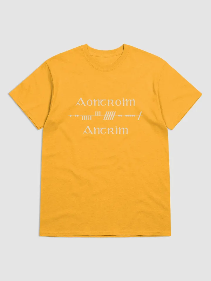 Antrim/Aontroim Scholastic style Ogham Saffron Printed T-shirt product image (1)