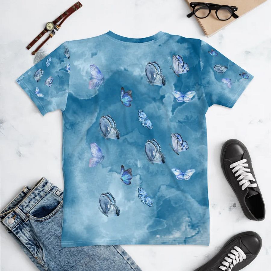 Womens all over printed t shit with light blue water color design with butterflies product image (5)