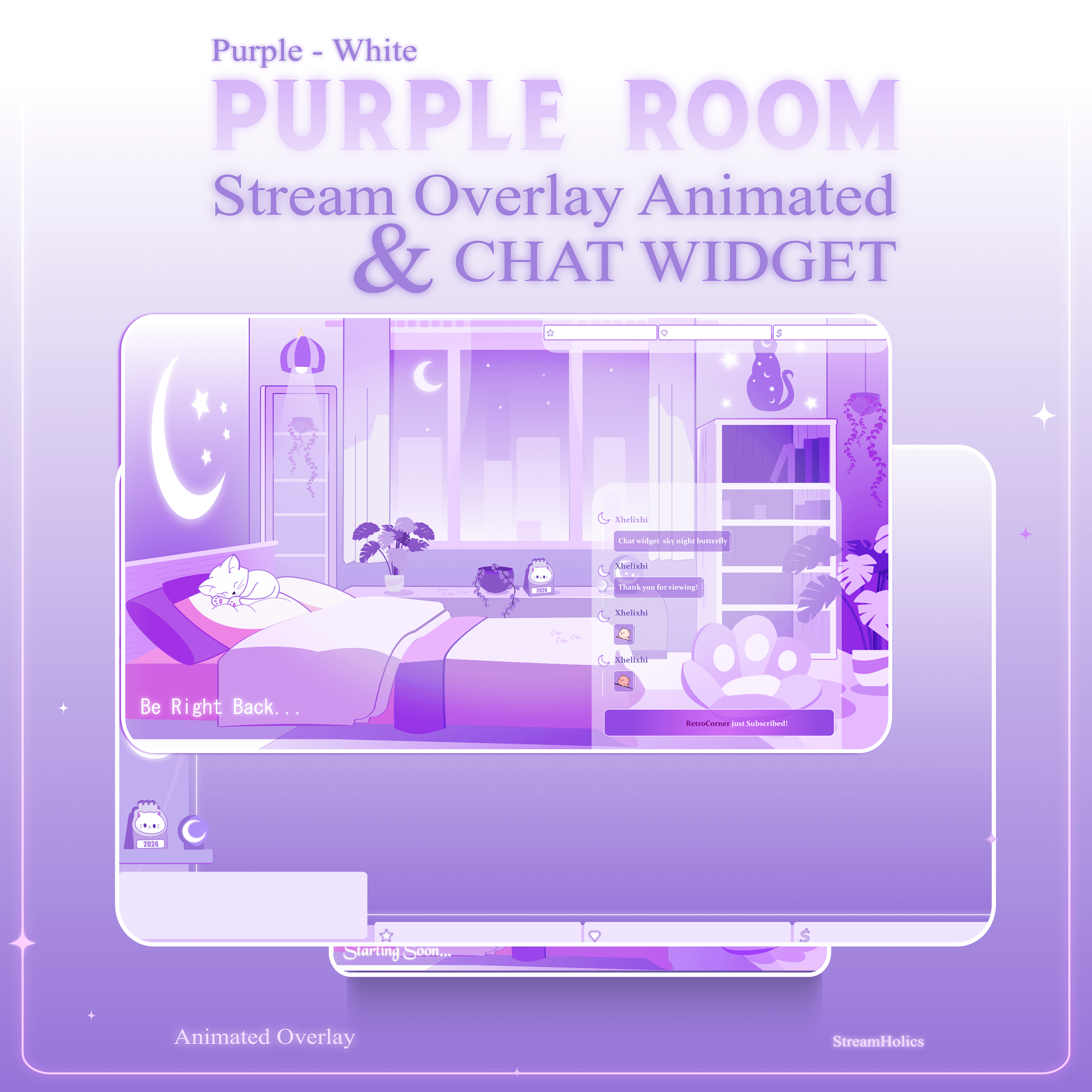 Glowing Room Stream Overlay Animated Pack, Stream Overlay Animated Cute Purple Room Overlay , Cute Room Kitty Overlay, Starting Soon, Brb product image (1)