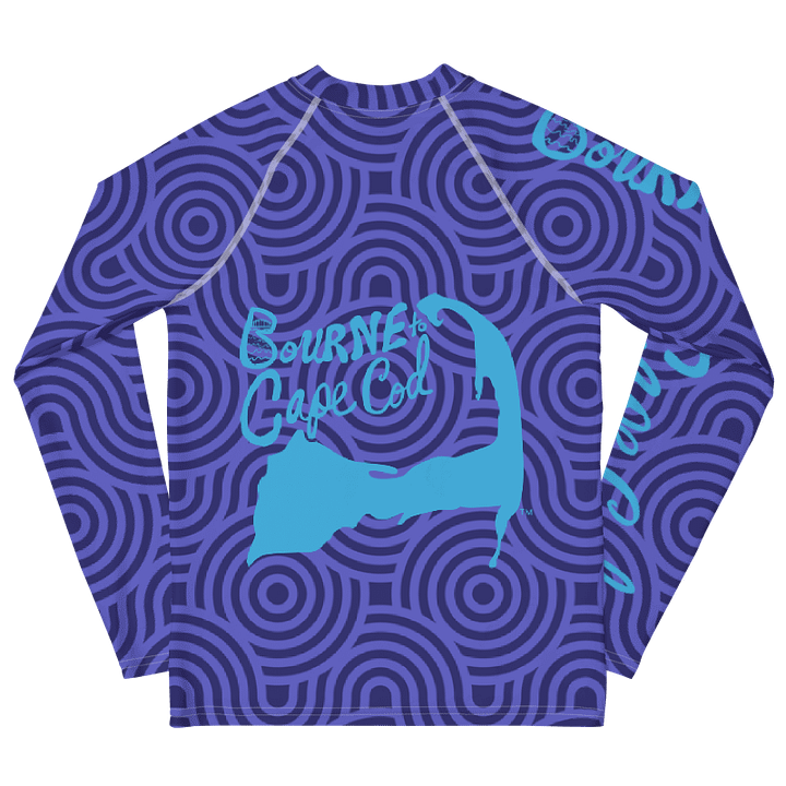 YOUTH | Rash Guard | BRN.2C.C.™ Front Graphic | BOURNE to Cape Cod™ Sleeve & Back Logo | Coastal Swim Shirt for Kids | UV Protection Activewear | Blue Logo on Mod Circles product image (2)