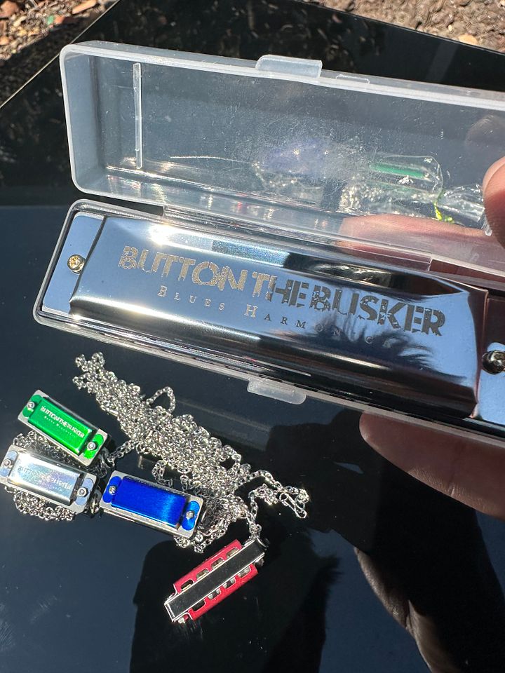 SIGNED Button the Busker Blues Harmonica + 4 Mini Harmonica Keychain/Necklace product image (1)