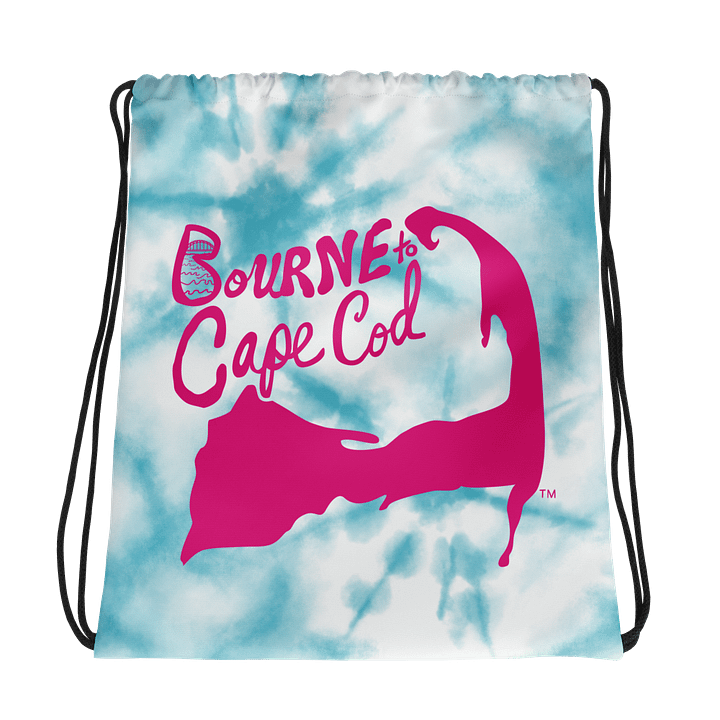 BOURNE to Cape Cod™ | Drawstring Bag | Beach-to-Gym Grab & Go | Coastal Vibe Sackpack Essential | Pink Logo on Blue Tie-Dye product image (1)