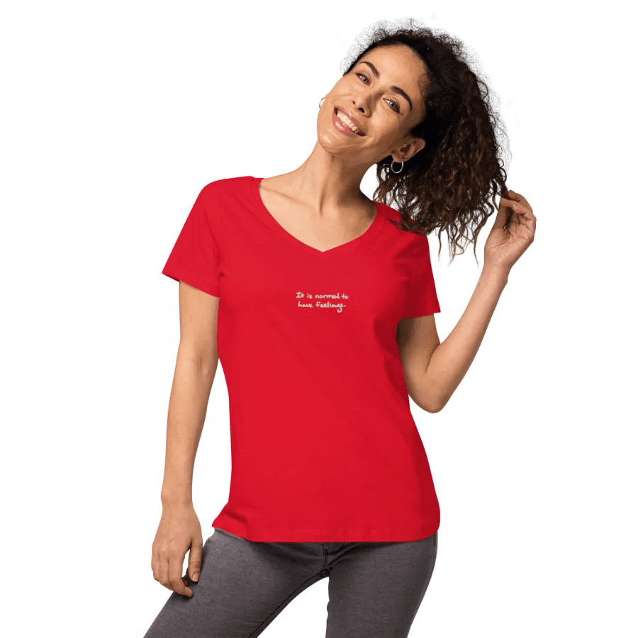 It is normal to have feelings. embroidered women's fitted v-neck tee (white design) product image (3)