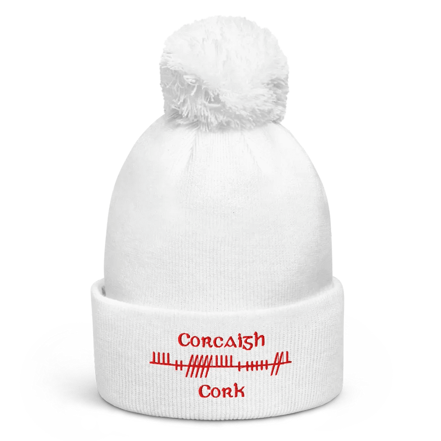 Cork/Corcaigh, Orthodox Style Ogham, white with red, embroidered Pom-Pom Beanie product image (1)