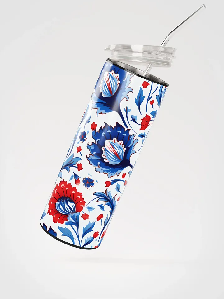 Colorful Pattern, Red, White, and Blue Flowers Skinny Tumbler with Straw, 20oz product image (3)