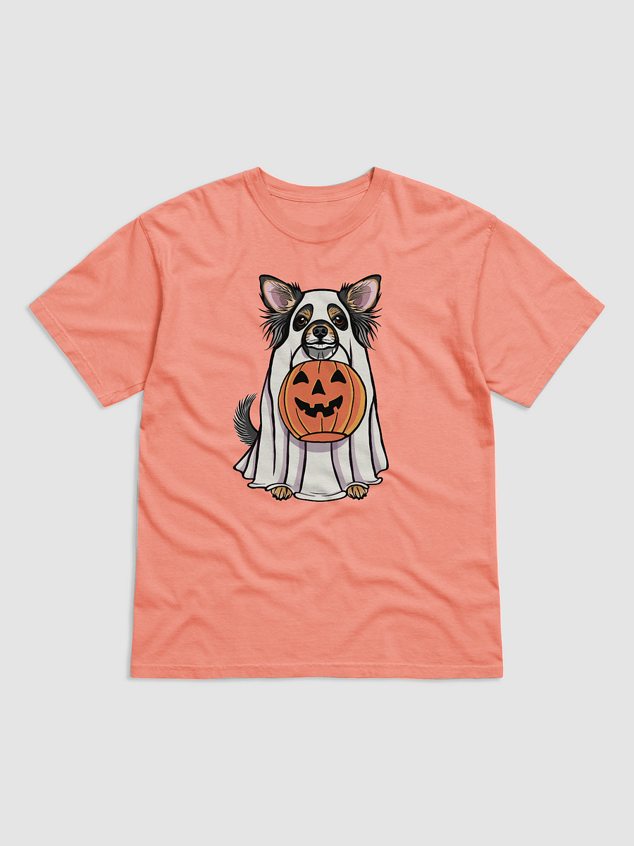 Funny Halloween Longhaired Chihuahua(Tricolor) T-Shirt | Funny Chihuahua Wearing a Ghost Costume and Holding a Pumpkin Basket product image (18)