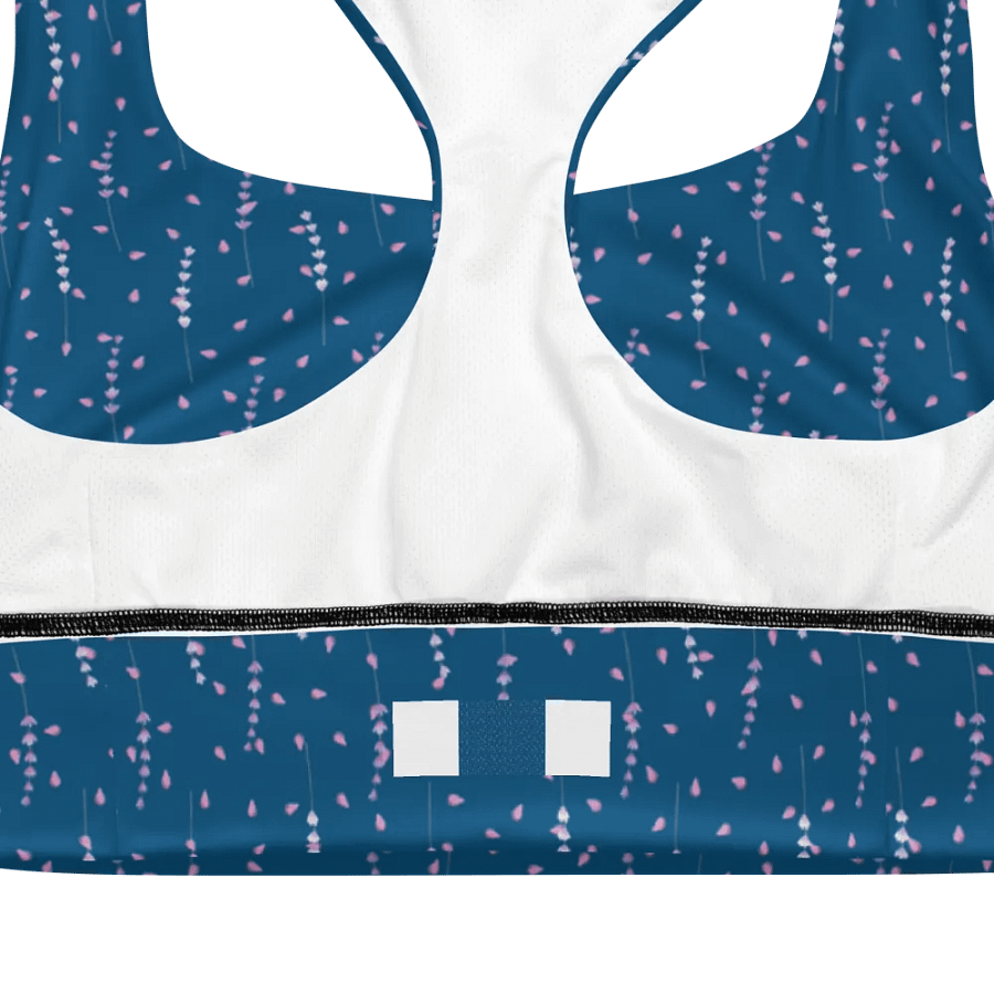 longline sports bra in teal with fine lavender print. product image (3)