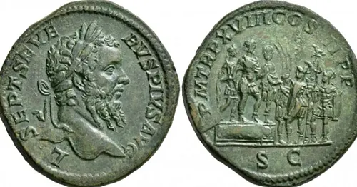 Hammered at 14000 CHF at Leu's Auction 2, lot 271. Septimius Severus, 193-211. Sestertius (Orichalcum, 33 mm, 27.64 g, 6 h), ...