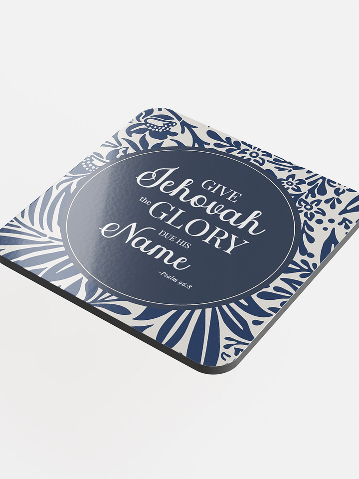 Psalm 96:8 Bible Verse Coaster – "Give Jehovah the Glory" – Navy Blue Floral Design, Cork & Glossy MDF product image (2)