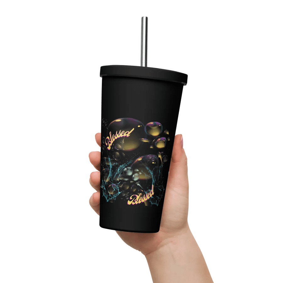 Insulated tumbler with beautiful swirly blue water splash and drops design featuring “Blessed’ product image (11)