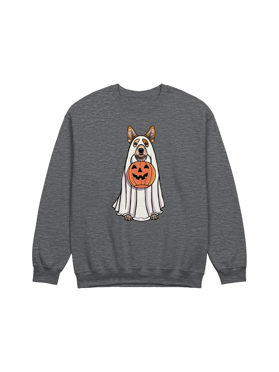 Funny Halloween Australian Cattle Dog Sweatshirt | Funny Red Heeler Wearing a Ghost Costume and Holding a Pumpkin Basket product image (7)