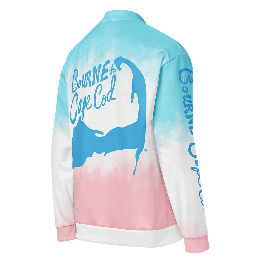 All-Over Print Bomber Jacket | Coastal Cool, City Bold | BOURNE to Cape Cod™ + BRN.2C.C.™ Style | Deep Sky Blue Logos on Patriotic Pastels product image (4)