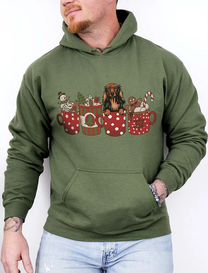 Cute Longhaired Dachshund in a Christmas Cup Hooded Sweatshirt | Funny Christmas Doxie/Wiener Pup in a Cup product image (11)