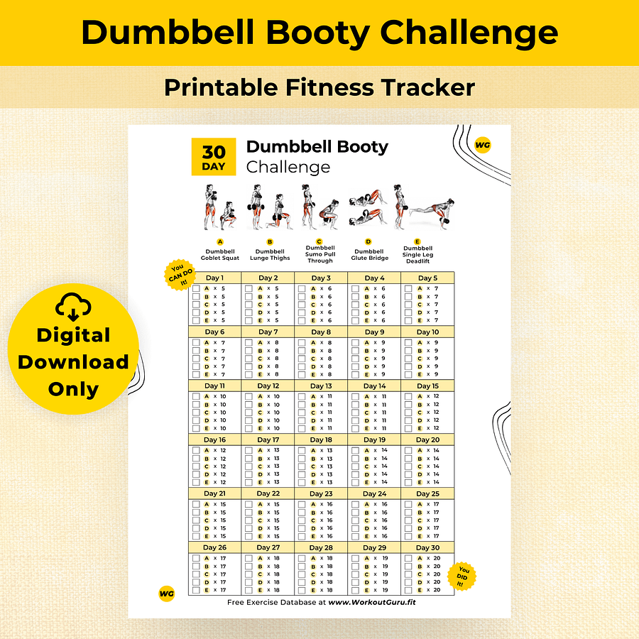 30 Day Dumbbell Booty Challenge - Printable Workout Tracker product image (1)