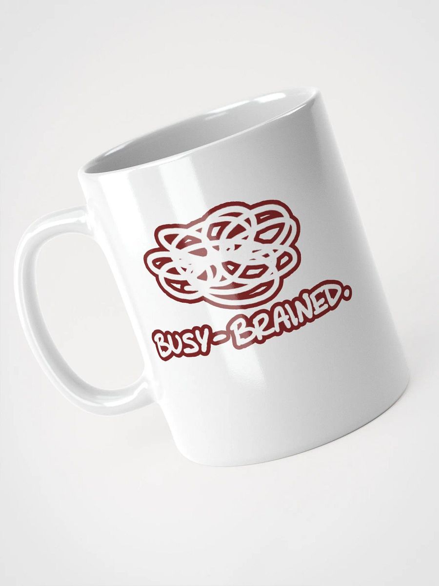 BUSY-BRAINED (lined design, #6D1616) glossy white mug product image (6)