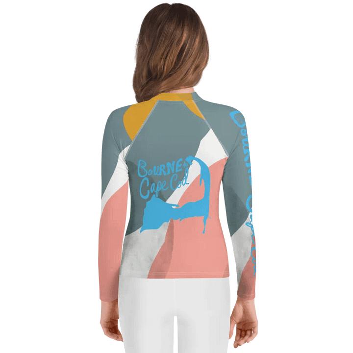 Girls' | YOUTH | Rash Guard | BRN.2C.C.™ Front Graphic | BOURNE to Cape Cod™ Sleeve & Back Logo | Coastal Swim Shirt for Kids | UV Protection Activewear | Blue Logo | Abstract Pastels product image (2)