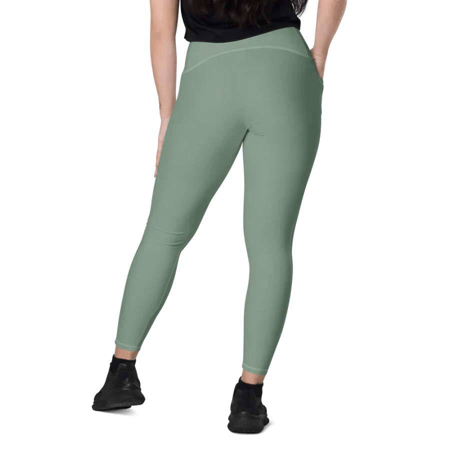 Plain Medium Sage Green Soft Summer Women's High Waisted Premium Crossover Leggings with Pockets by Treasure Pie product image (9)