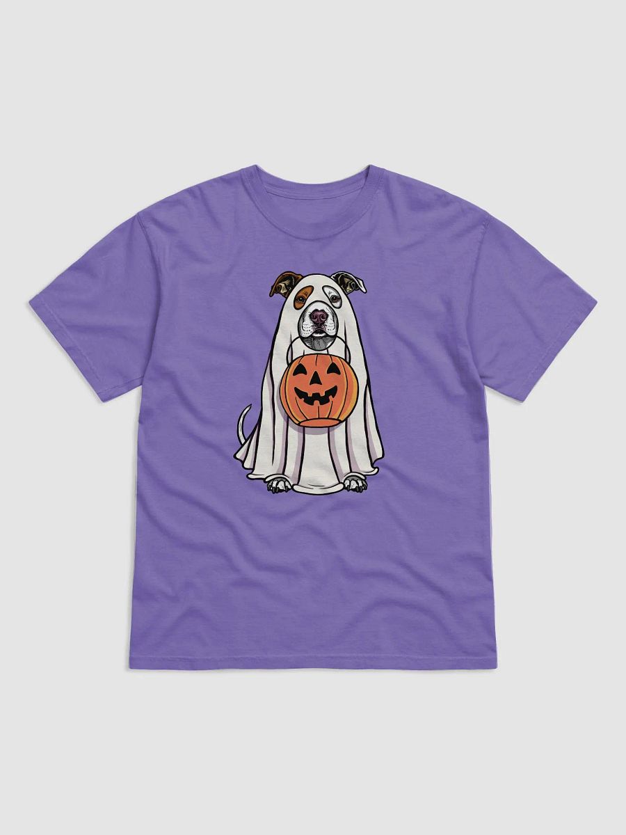 Funny Halloween Pitbull Terrier(White) T-Shirt | Funny Pittie Wearing a Ghost Costume and Holding a Pumpkin Basket product image (27)