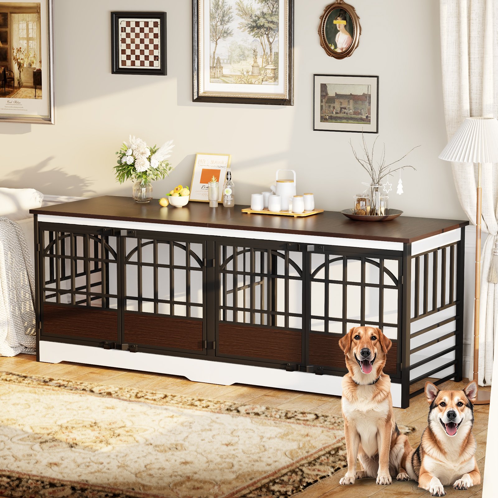 86 Inch Double Dog Crate Furniture for 2 Large Dogs, Decorative Dog Kennel Indoor TV Stand, Heavy Duty Wooden Dog Cage for Large Medium Dogs Sized Dog Pet House with Divider (White) product image (1)