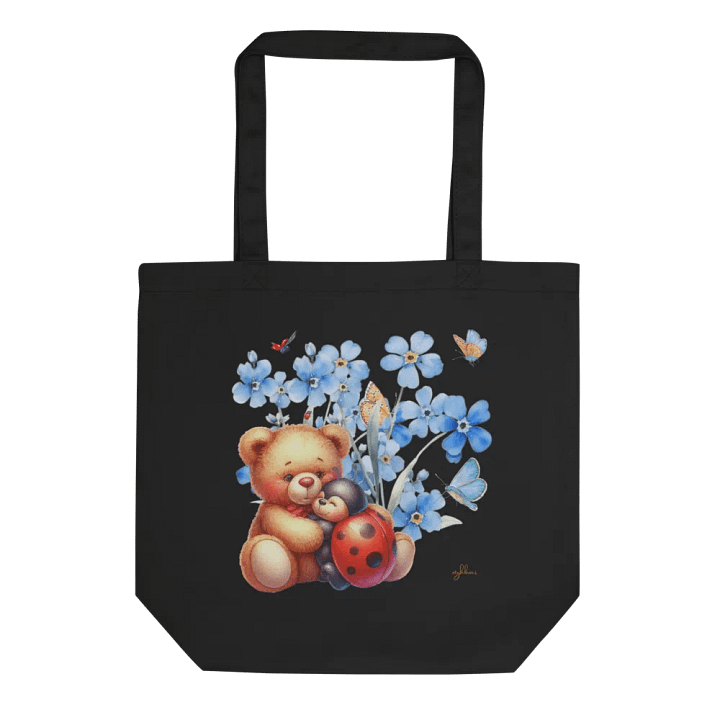 Forget-Me-Not Whispers Teddy Bear Tote Bag – Organic Cotton Twill, Floral Design with Teddy Bear & Ladybug, Eco-Friendly Bag product image (1)