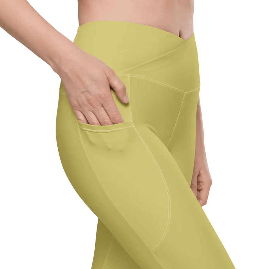 Plain Medium Yellow Light Summer Women's High Waisted Premium Crossover Leggings with Pockets by Treasure Pie product image (8)