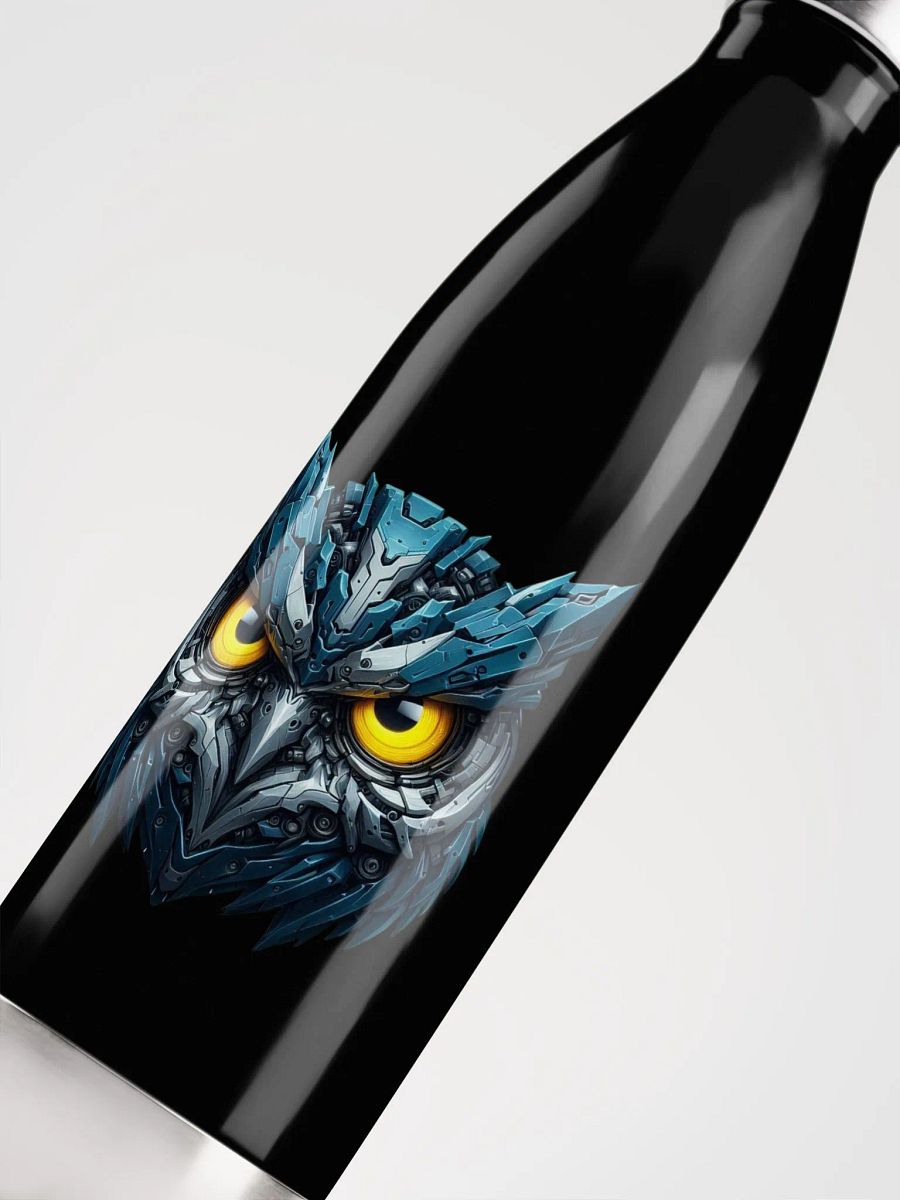 Black Stainless Steel Water Bottle with Blue Iron Owl Robot Design product image (5)