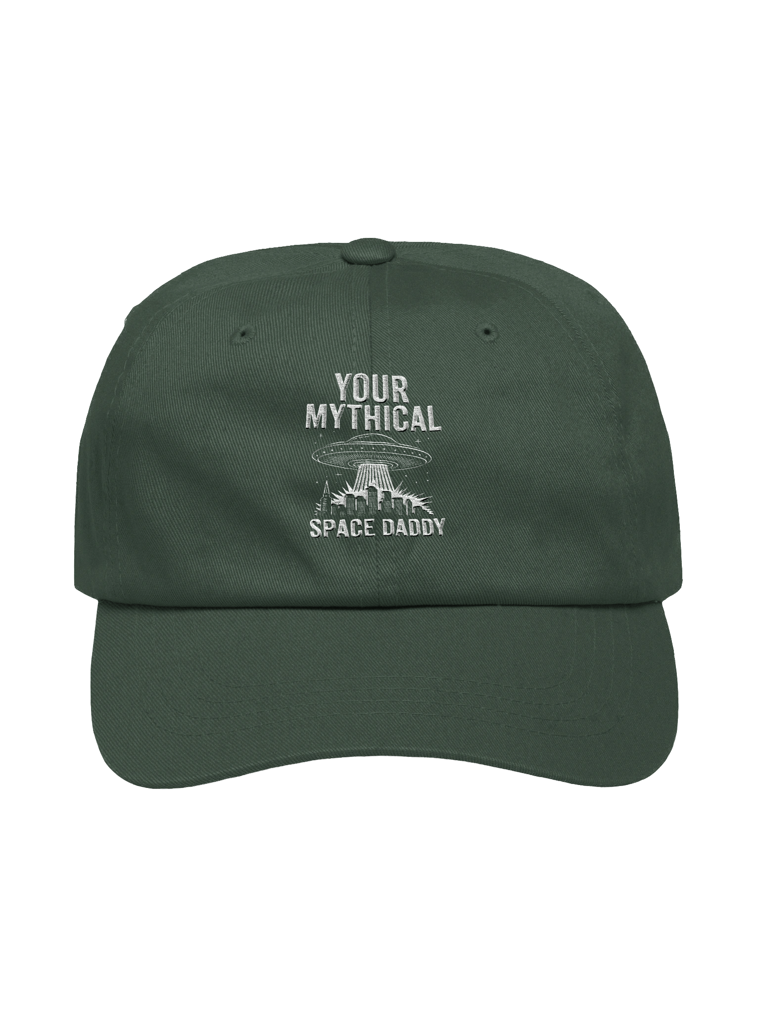"Your Mythical Space Daddy" Embroidered Hat – Dark Sci-Fi Cityscape Graphic Embroidered Hat | Funny Sarcastic Alien Humor Embroidered Hat product image (3)