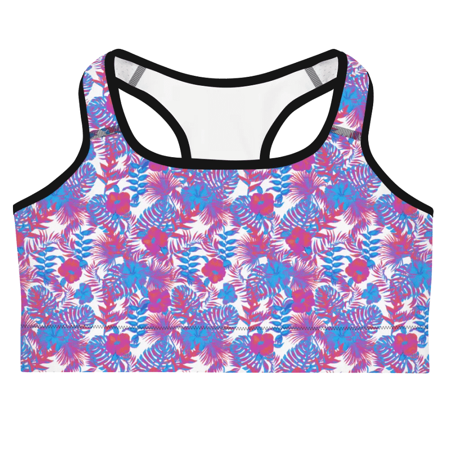 sports bra in blue and pink colors tropical leaves design. Perfect for holiday vibes product image (3)