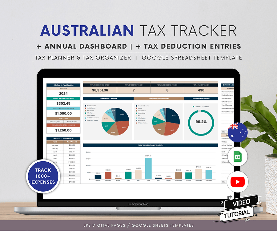 Australian Tax Deductions Tracker & Dashboard Spreadsheet, Google Sheets Template product image (1)
