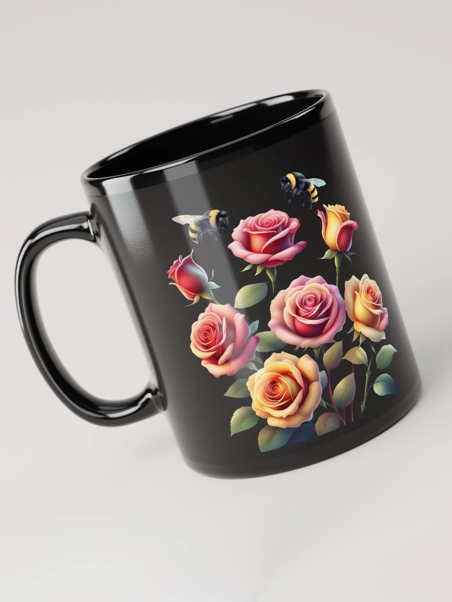 Honey Bees and Roses Graphical Design Black Mug product image (5)