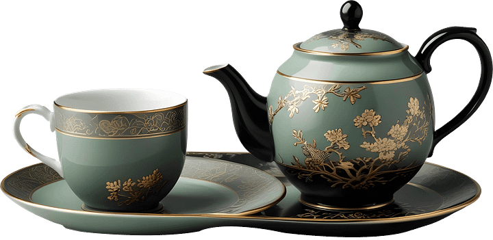 Mint Green and Black Chinese Tea Set with Gold Floral Accents PNG product image (1)
