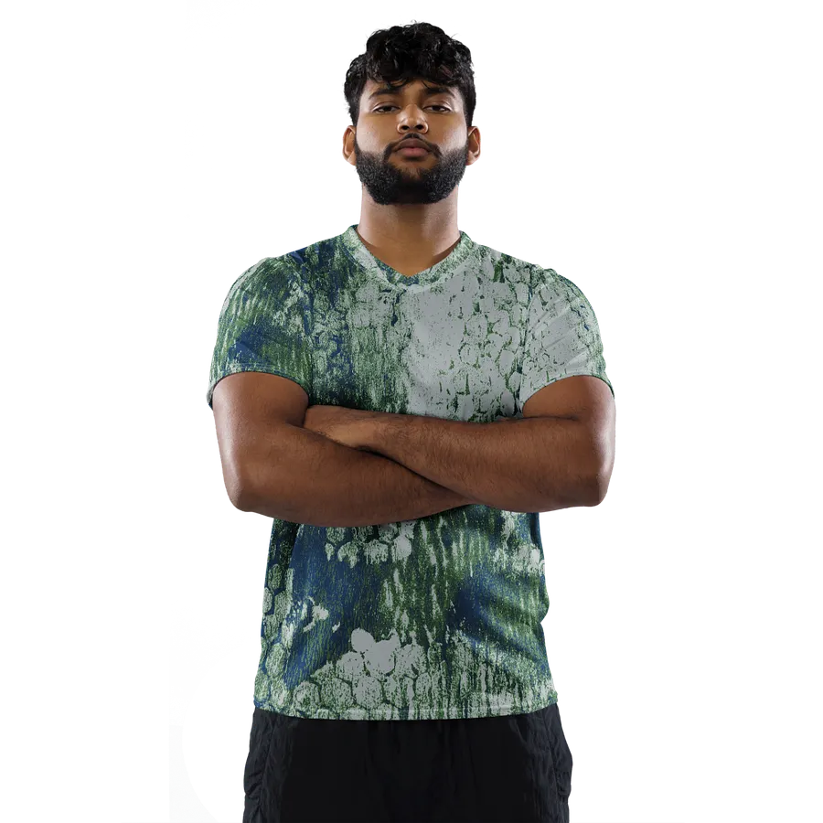 Honeycomb Grunge Unisex T-shirt in Mossy Green and Deep Blue on Bright Sand product image (2)