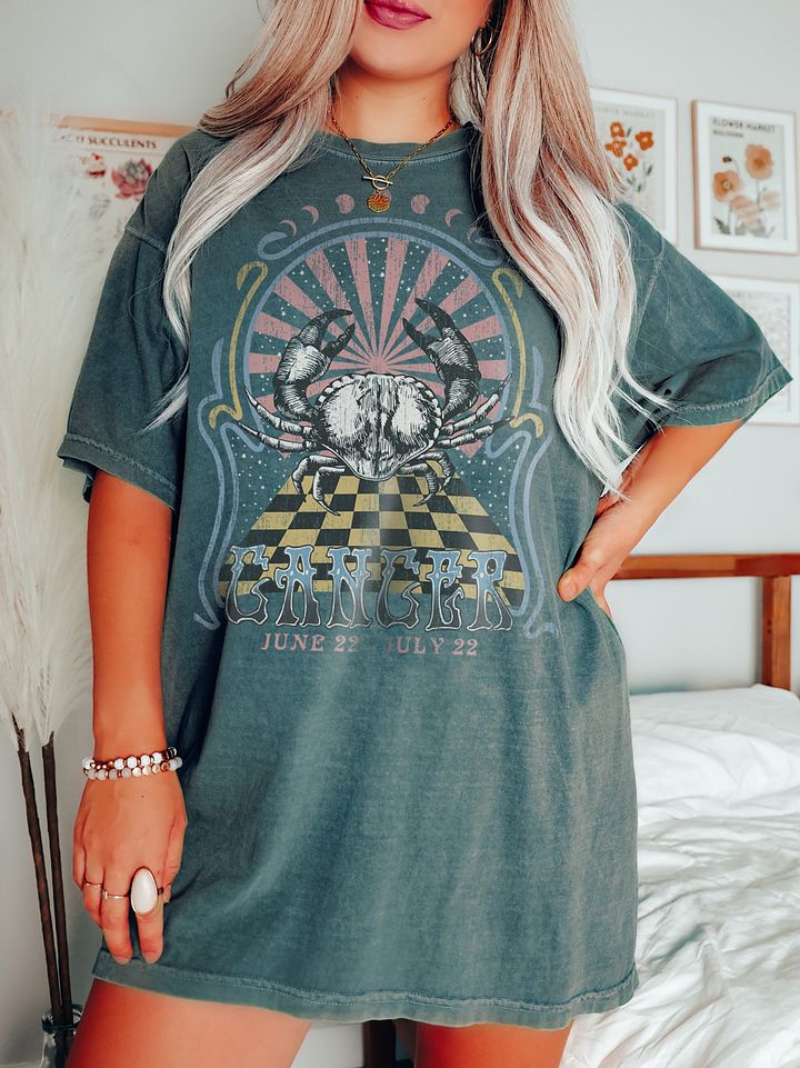 Cancer Zodiac Sign Tee | Art Nouveau-Style Grunge Streetwear T-Shirt for June 21 and July 22 Birth Months product image (11)