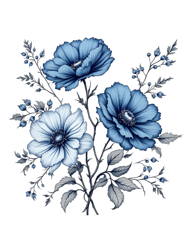 24 Vintage Blue Floral Sketches, Digital Clipart, Botanical Illustrations, Wedding Invitations, Scrapbooking, Card Making, Wall Art Prints product image (5)