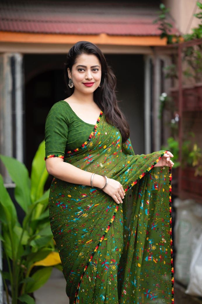 beautifull peinted georgette saree-fancy worli and cartoon prints. product image (1)