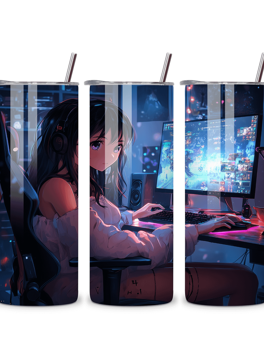 Anime Gamer Girl 20oz Skinny Tumbler with Metal Straw – Vibrant Gaming Setup Design – Double-Walled Insulated Stainless Steel Tumbler Gift for Anime and Gaming Fans (Anime Girl 2) product image (3)