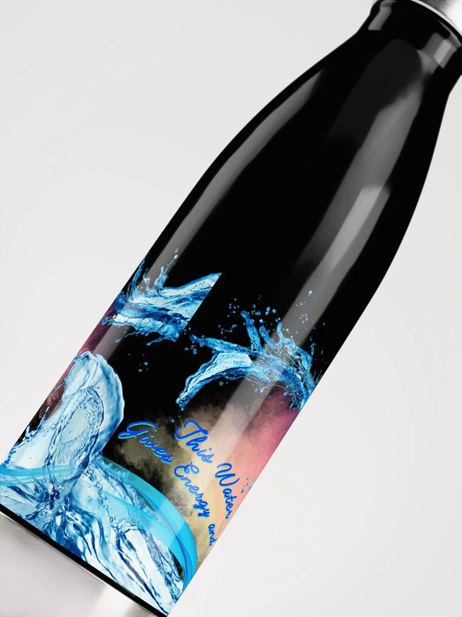 Stainless Steal waterbottle with beautiful swirly blue water drops  featuring ' This water gives energy and vitality