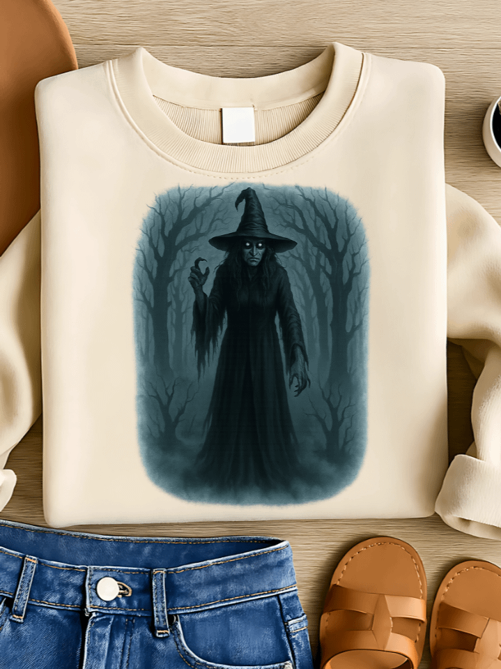 Haunted Forest Witch Sublimation PNG – Eerie Halloween Clipart for T-Shirts – Dark Trees & Foggy Night Theme – 300 DPI Instant Digital Download product image (1)