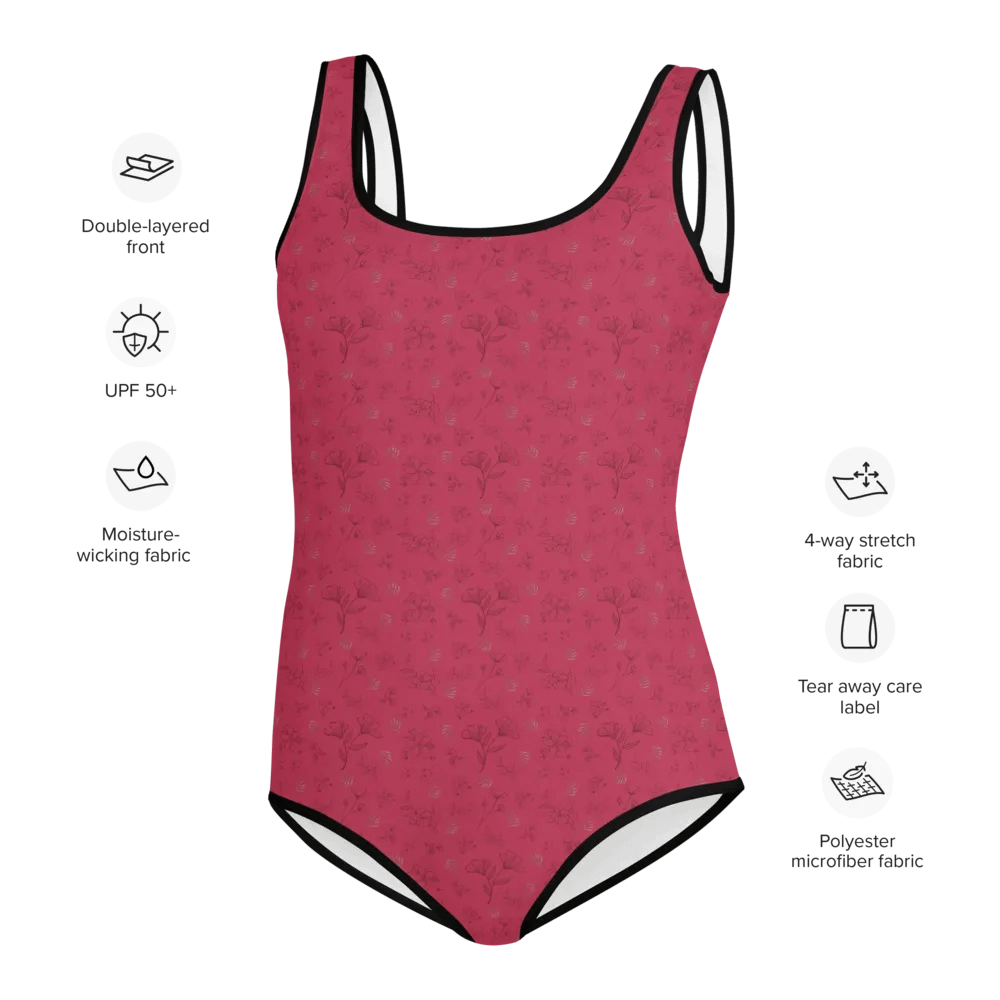 Gold Leaves and Chocolate Flowers on Magenta Youth Swimsuit product image (11)