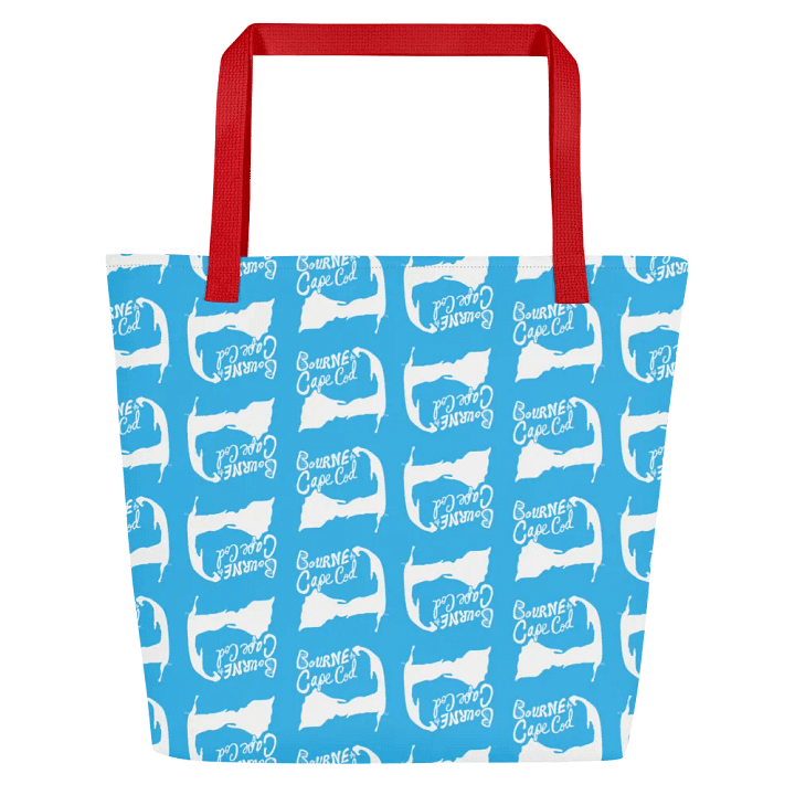 BOURNE to Cape Cod™ | Large Tote Bag with Pocket | Coastal Classic | All-Over Logo Print | White Logo Repeat on Deep Sky Blue product image (2)