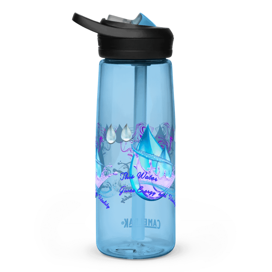 Camelback water bottle with beautiful swirly blue water drops  featuring ' This water gives energy and vitality