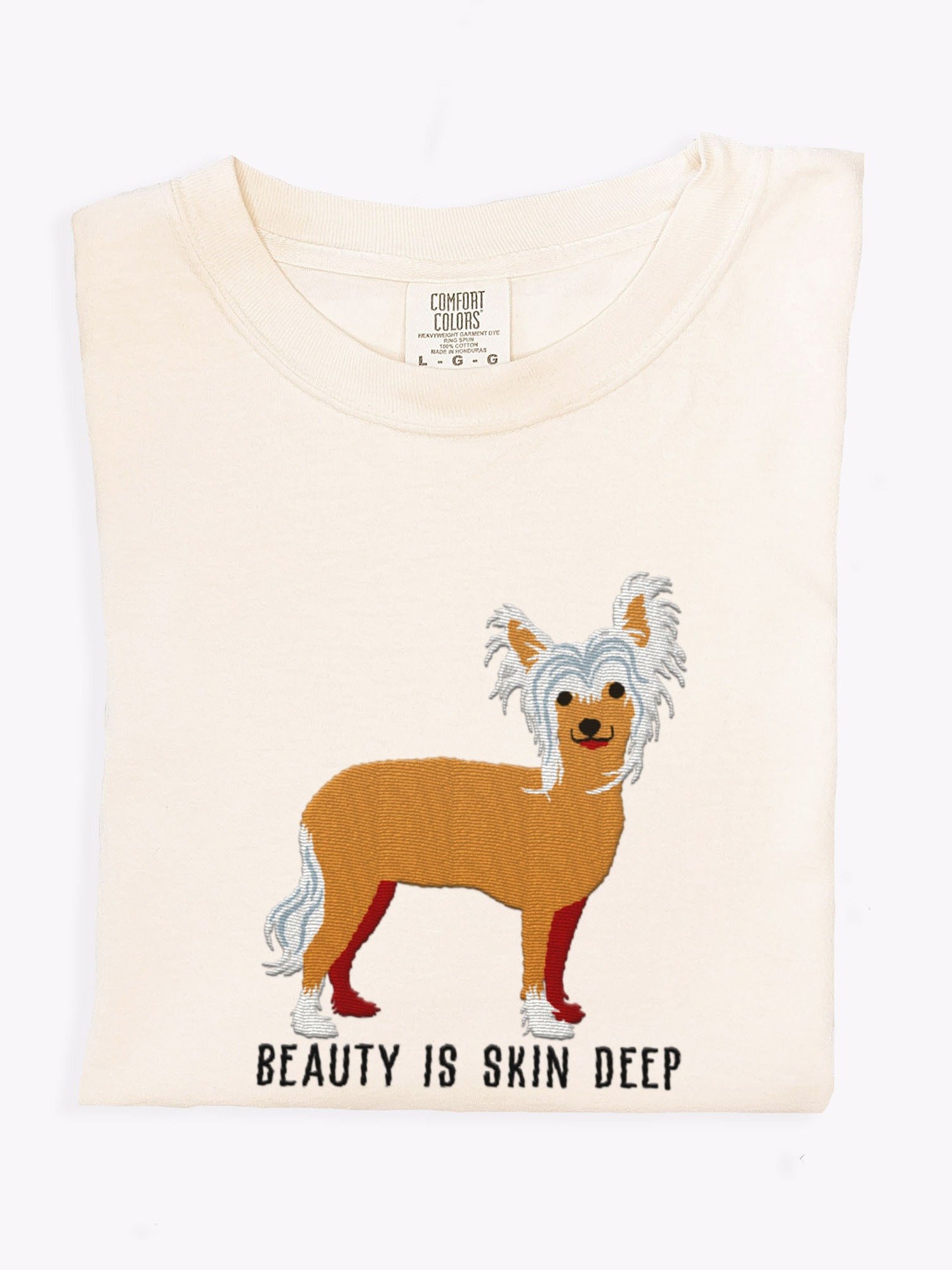 Beauty Is Skin Deep T-Shirt(Embroidered) of a Chinese Crested Dog(Tan) product image (1)