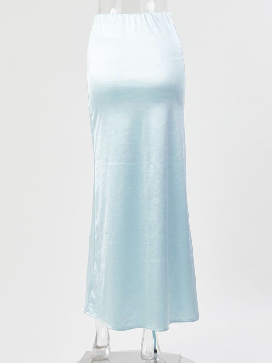 Wholesale high quality casual slight stretch solid color satin high waist maxi skirt product image (7)