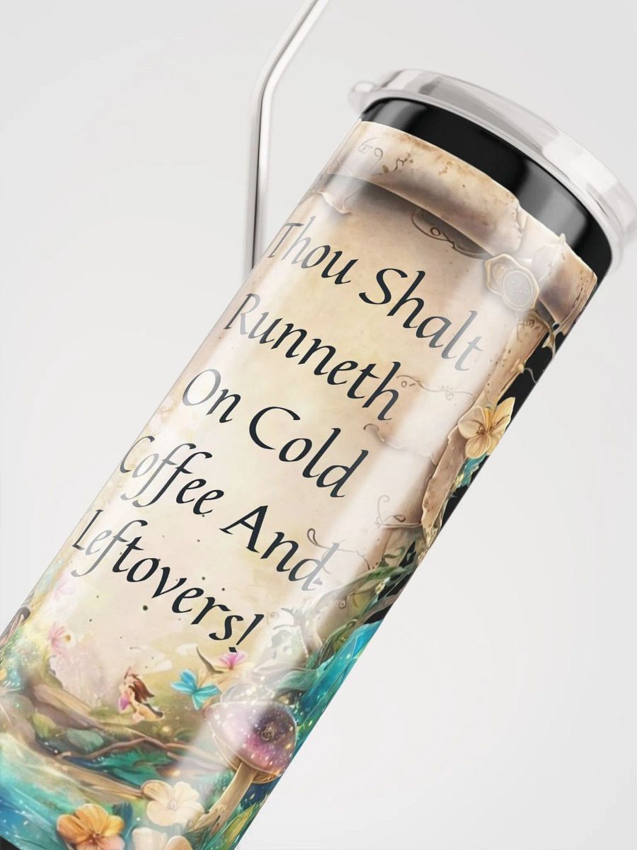 Funny Mom Tumbler – “Thou Shalt Runneth On Cold Coffee & Leftovers” product image (4)