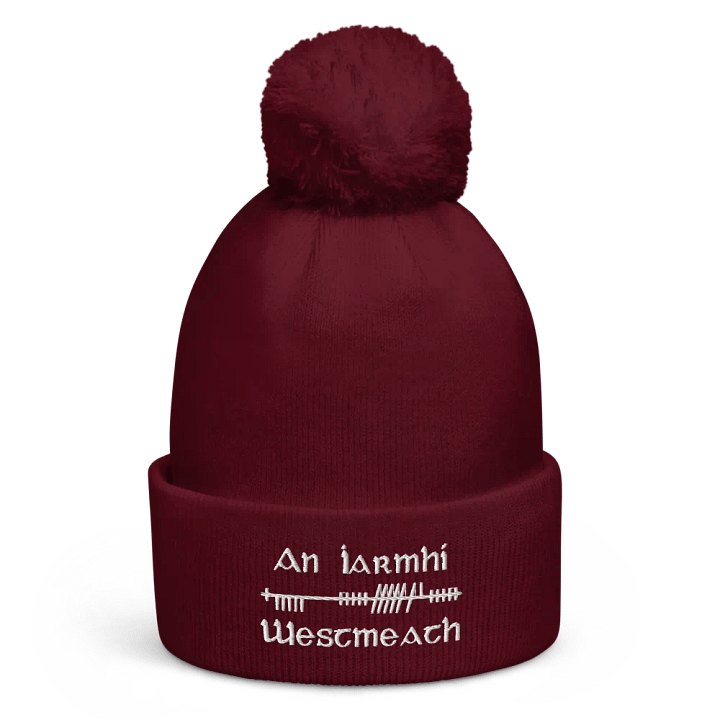 Westmeath/An Iarmhí Orthodox style Ogham, maroon with white, embroidered Pom-Pom Beanie product image (1)