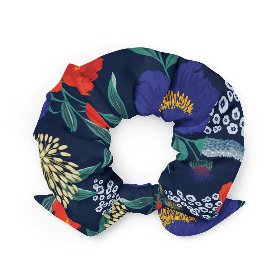 Tropical Bloom Scrunchie | Navy Blue Floral Hair Accessory | Adjustable Bow product image (2)