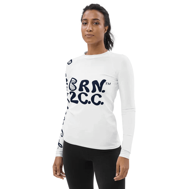 BOURNE to Cape Cod™ | Women's Rash Guard | BRN.2C.C.™ | Navy Blue Logos on White product image (2)